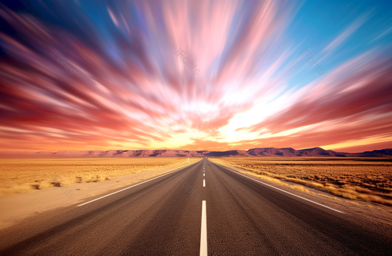 晚霞下黄色沙漠唯美的高速公路,高清,摄影图,摄影图片,图片大全,摄影图免费下载